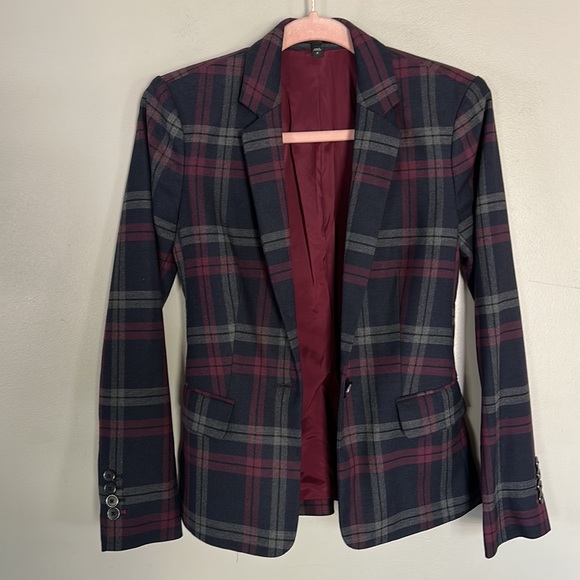Express Notch Collar One Button Blazer - Navy Plaid - 0 - Picture 12 of 14